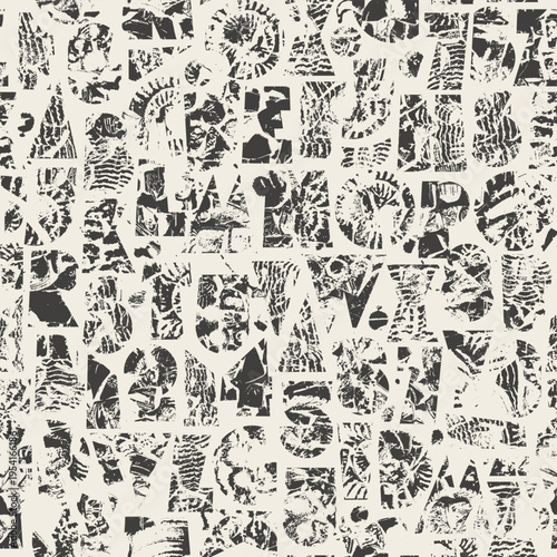 Abstract vector seamless pattern with font consisting of geometric shapes with texture, shells on marine theme, newspaper text and spots and splash. Fabric, textile, t-shirt design, tiles, wallpaper