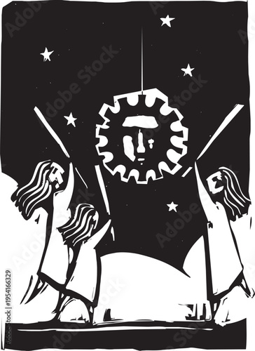 Woodcut style of girls hitting a pinata that looks like a covid spore