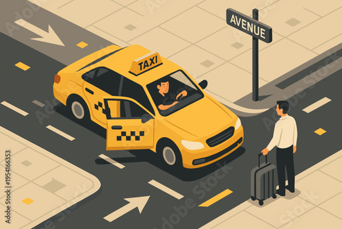 Isometric yellow taxi with open door and passenger with suitcase on avenue