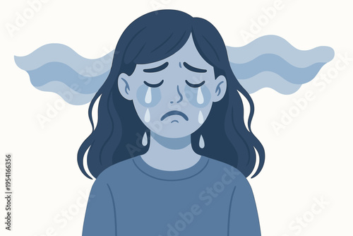 Illustration of a sad, crying young woman with wavy hair and blue clouds above her head