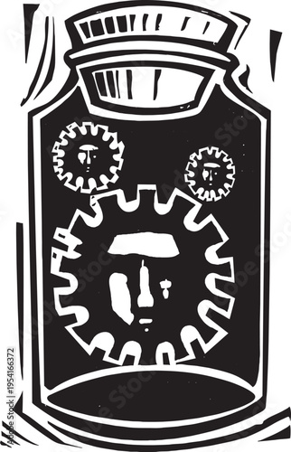 Woodcut style of covid pandemic spores in a bottle