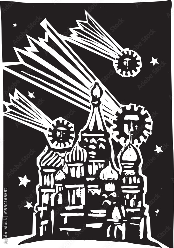 Fototapeta premium Woodcut style comets that look like covid pandemic spores coming down over the kremlin in moscow