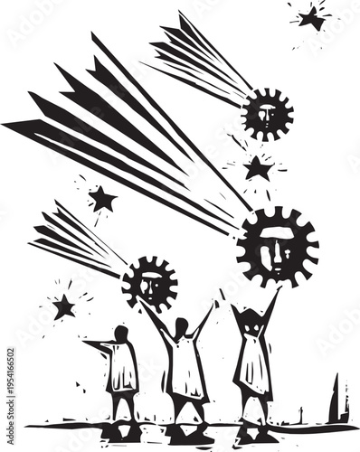 Woodcut style of people watching comets that look like covid pandemic spores