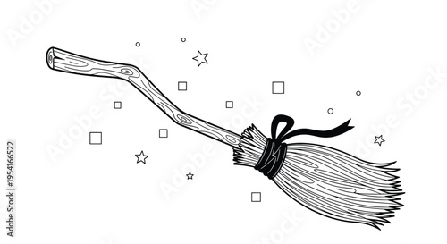 Enchanting wooden witch's broomstick floating amongst magical stars and geometric shapes in a mystical line art style.
