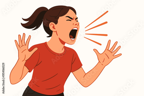 Young woman yelling with frustration and anger, hands raised in distress