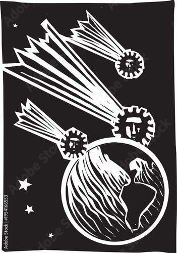 Woodcut style comets that look like covid pandemic spores over the earth