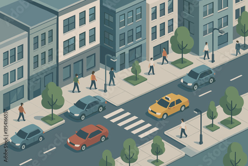Isometric city street scene with pedestrians, cars, and buildings in a flat design style