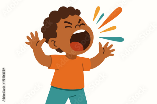 Young child with curly hair shouting loudly with hands raised in frustration or excitement