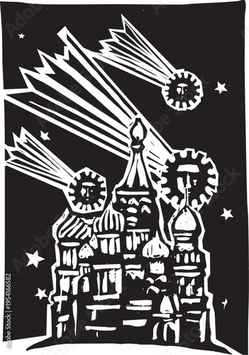 Woodcut style comets that look like covid pandemic spores coming down over the kremlin in moscow