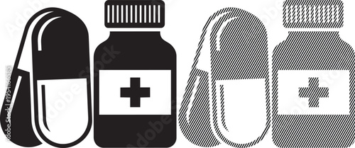 Illustration of medical supplies including a blood pressure cuff and first aid bottles