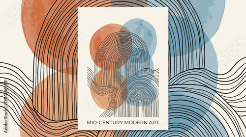 Abstract mid-century modern art with watercolor shapes and black line arches