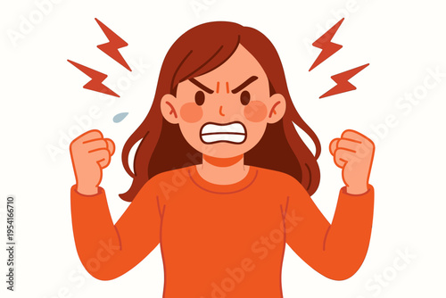 Furious woman with clenched fists and lightning bolts symbolizing anger and frustration