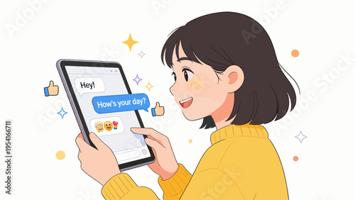 Young woman happily interacting with her tablet, surrounded by social media icons and chat bubbles