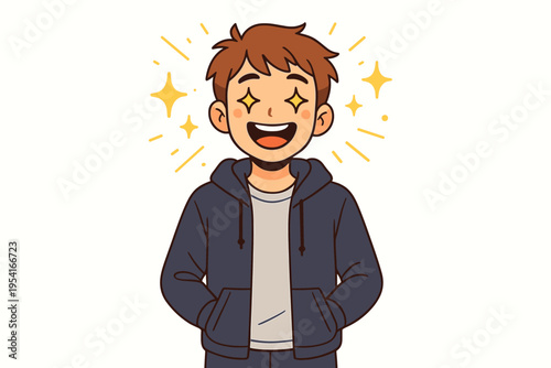 Excited young man with stars in his eyes and a big smile, radiating happiness and energy