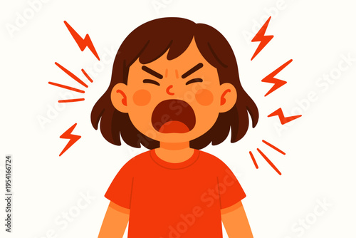 Cartoon child expressing anger with loud shouting and lightning bolt symbols around head