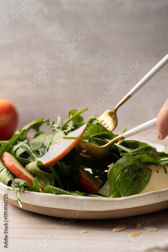 Eating apple salad close up healthy lifestyle food