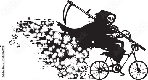 Woodcut style of death riding a bicycle spreading covid pandemic