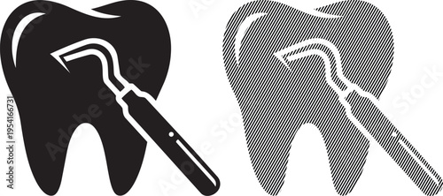 Illustration of dental tools being used on a healthy and a decayed tooth