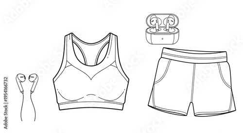 Sporty outfit layout including a racerback sports bra and athletic shorts paired with modern wireless earbud technology.