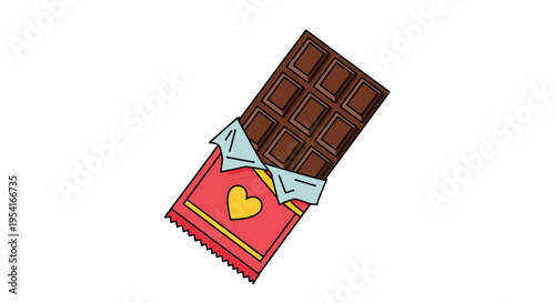 Delicious dark chocolate bar partially unwrapped from a red foil packaging decorated with a bright yellow heart icon.