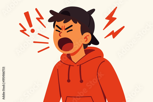 Angry young person in a red hoodie and cap shouting with lightning bolts and sound waves around them