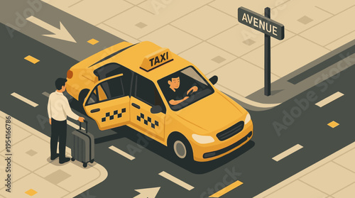 Man with suitcase enters yellow taxi cab on city street with avenue sign