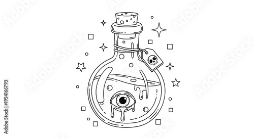 Spooky glass potion bottle containing a large eyeball floating in liquid with a skull tag and magical star accents.