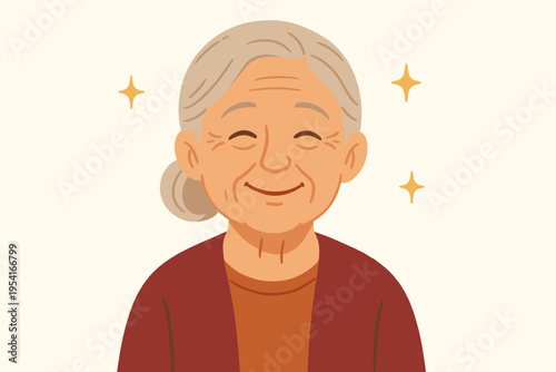 Joyful elderly woman with closed eyes and a warm smile, radiating happiness and contentment