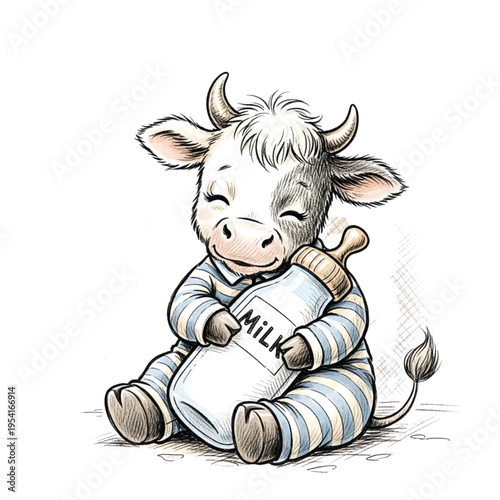 Cute illustrated baby cow in pajamas hugging a bottle of milk, perfect for children's books and farm-themed designs