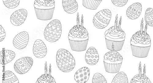 Fun coloring page pattern filled with decorated Easter eggs and sweet cupcakes with candles for a creative activity.