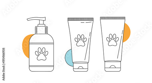 Set of three pet grooming product containers including a lotion pump and two tubes with paw prints on their labels.
