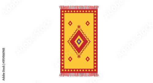 Traditional ethnic rug or carpet design with geometric patterns and fringe in bright yellow and deep red colors.