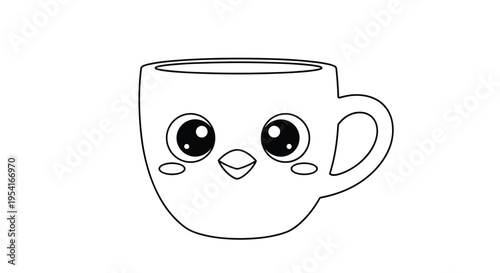 Adorable coffee mug with a cute bird face including large round eyes and a beak in a minimalist line art style.