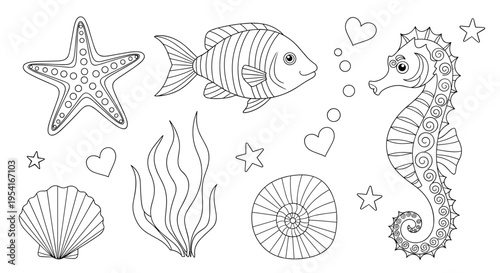 Marine life coloring page collection featuring a seahorse fish starfish seashells and floating heart bubbles.