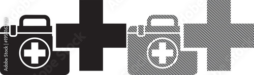 Medical aid kits symbolized by crossed tools and first aid icons