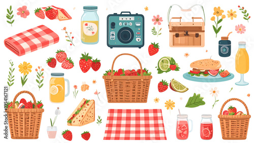 Picnic day vector elements set with basket, red checkered blanket, lemonade jar, sandwich, strawberries, flowers, and vintage radio, flat colorful illustration