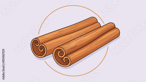 Group of three aromatic cinnamon sticks tied together with a circular line element against a soft purple background for cooking themes.