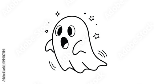 Adorable little ghost character floating and looking surprised surrounded by twinkling stars in a line art style.