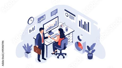 Colleagues collaborate in a modern office using a computer with data analytics and financial charts to manage business operations.