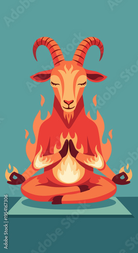 Orange meditating goat with fiery aura sitting in lotus position on blue yoga mat, eyes closed in spiritual calm. Meditating goat radiates warm energy,