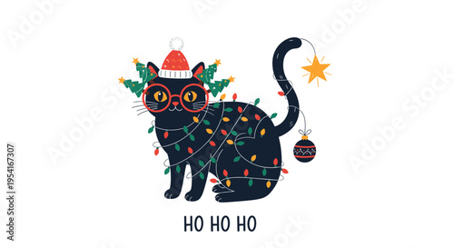 Festive black cat wrapped in Christmas lights and wearing a Santa hat with the holiday message ho ho ho below it.