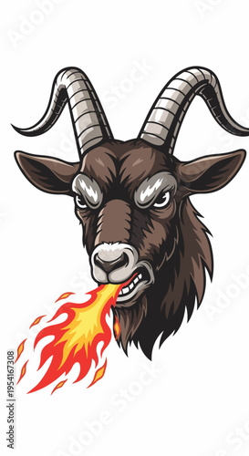 Aggressive fire goat head illustration, curved horns, fierce expression. Powerful fire goat image, blazing flame from mouth, conveys raw strength. Concept fire goat for gaming, band logos,