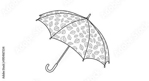 Outline illustration of a classic umbrella decorated with an autumn leaf pattern for coloring book and creative design.
