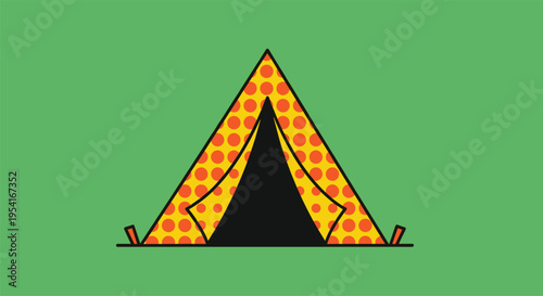 Vibrant orange polka dot camping tent illustration over a solid green background for outdoor recreation and travel.