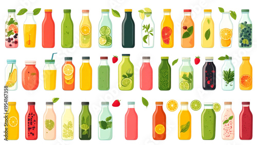 Set of healthy drinks and refreshing smoothies, colorful flat vector illustration collection for diet and wellness
