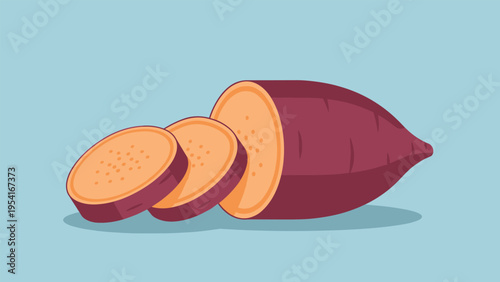 Sliced sweet potato flat illustration with raw vegetable pieces on a simple blue background for healthy food concepts.