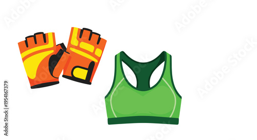 Fitness apparel set featuring a green sports bra and orange workout gloves for exercise, gym, and healthy lifestyle.