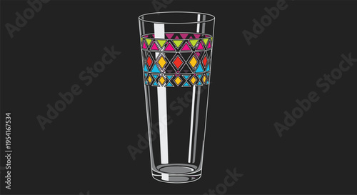 Elegant tall drinking glass featuring a vibrant ethnic geometric pattern band around the middle on a dark background.