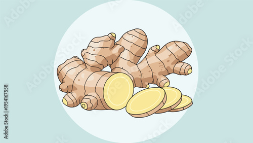 Fresh ginger root shown in whole and sliced forms on a light blue background for natural health and herbal remedy themes.