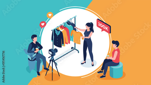Fashion blogger recording a video for social media followers while showcasing new clothing items on a rack in a studio.